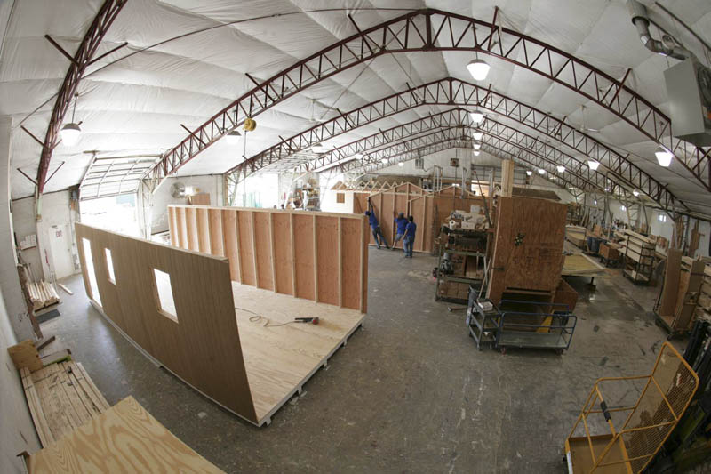 Gable walls ready to nail in place. Notice that floor and deck are all plywood (as opposed to commonly used, less durable chipboard.