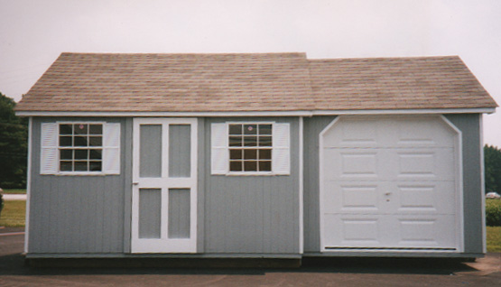 12 x 20 ranch storage shed with set-back garage for a riding lawn mower