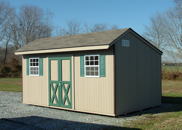 10' x 16' Light Tan Salt Box Style Shed with Green Trim