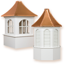 Elegantly designed vinyl or cedar roof cupolas with copper capped roofs that enhance any home, garage, barn, or gazebo.