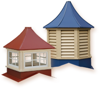 Sundance Series: Maintenance-free vinyl roof cupolas with pre-painted steel materials in wide array of colors to match your roof. Square or Octagonal configurations available; windowed or louvered in all sizes.