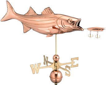 Striped Bass Fish with Lure Weathervane in Polished Copper