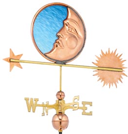 Celestial Sun, Moon and Stars Weathervane with Blue Stained Glass, Polished Copper