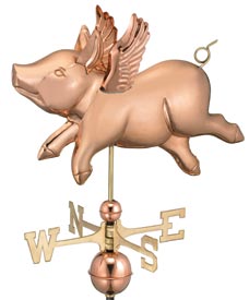 Charming Flying Pig Weathervane in Polished Copper