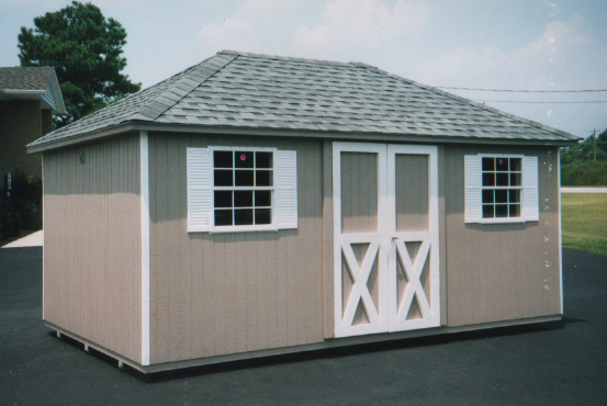 Beach Cottage Style portable storage shed with hip roof